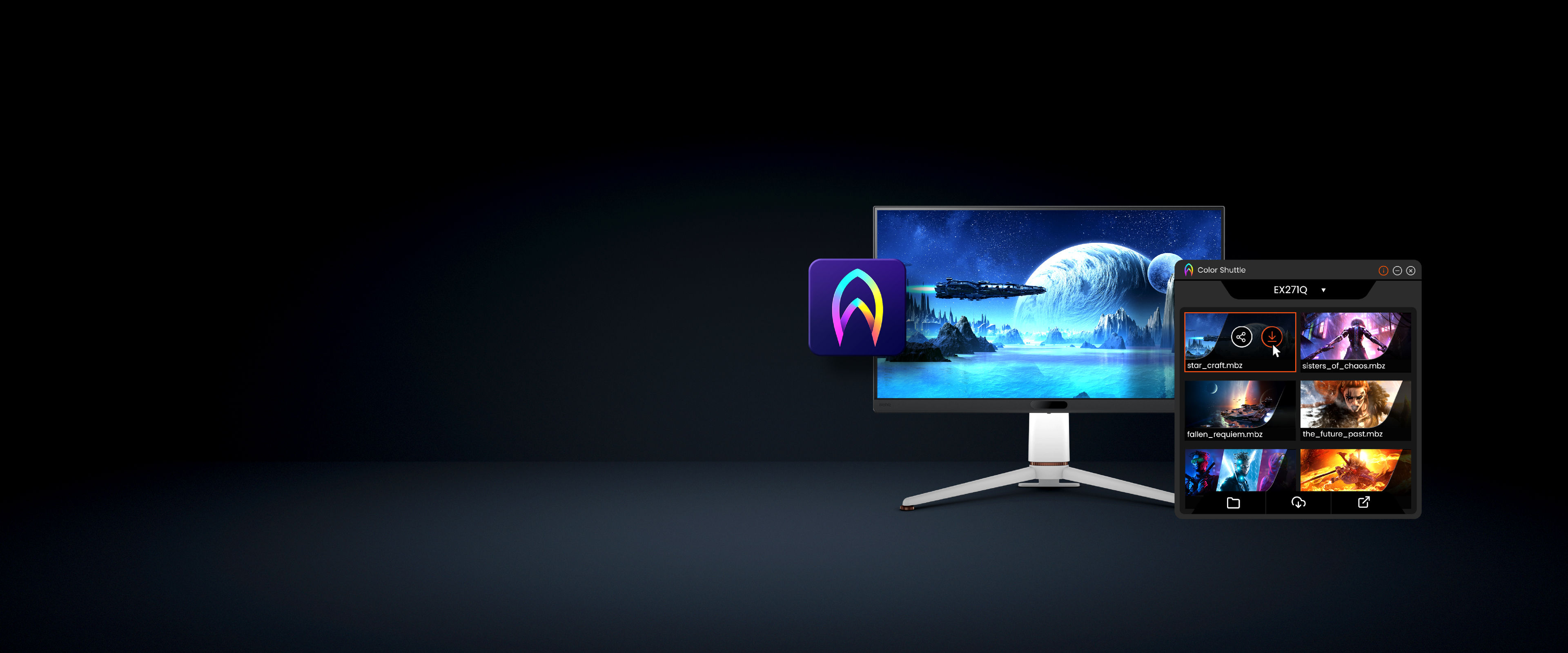 With BenQ MOBIUZ exclusive software, once you’ve found the right combination of settings for your favorite games, save them as presets. Then switch between presets as easily as you switch between games. Any of your saved presets can be uploaded to the cloud for later download to whichever new device supporting Color Shuttle.