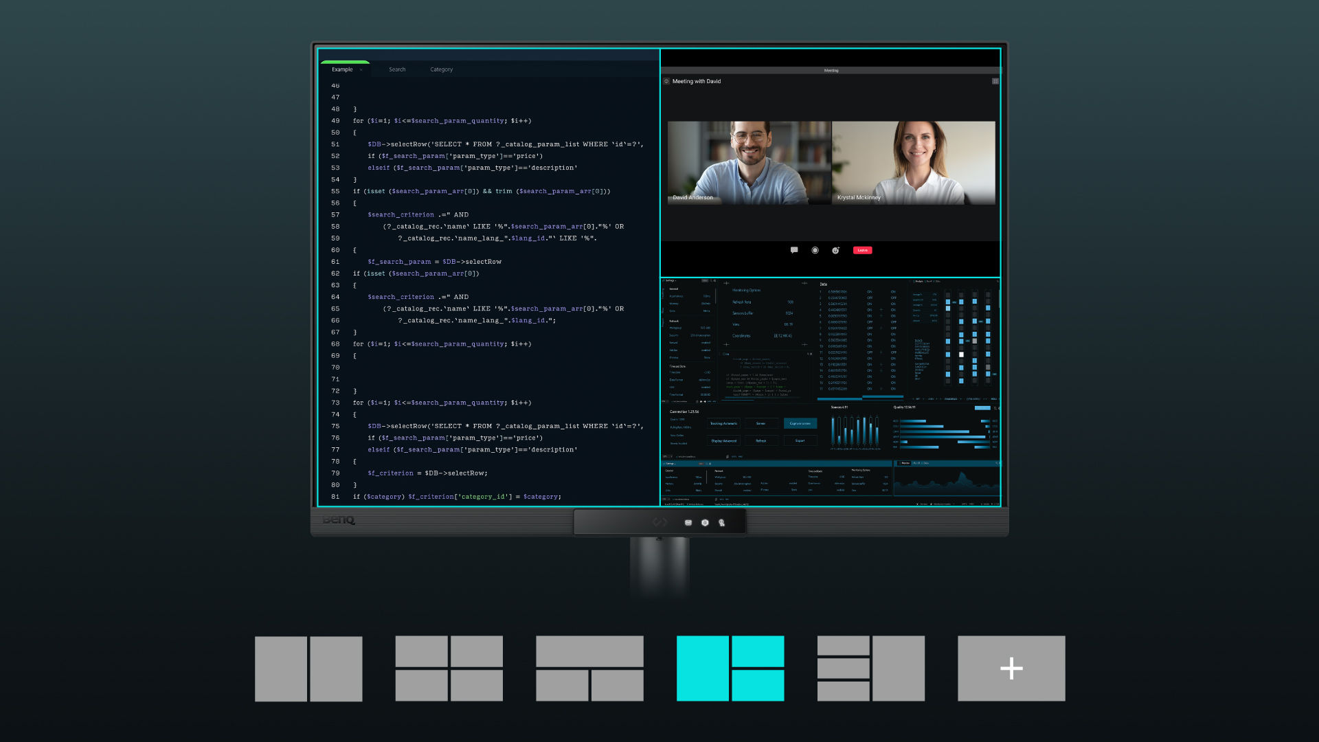 The BenQ Programming Series software offers programmer-focused tools such as FloW, Shortcuts, Desktop Partition, Application Mode, Software Dimming, and Circadian Mode.
