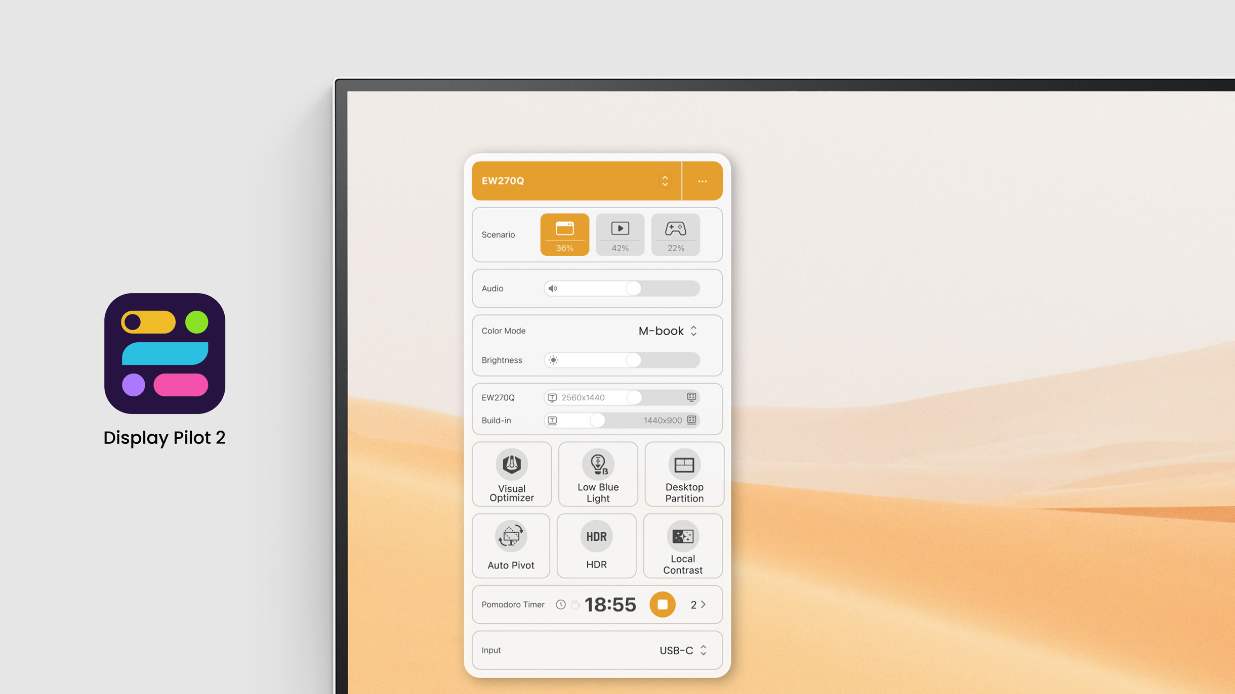 BenQ Display Pilot 2 on-screen monitor control caters to your needs, allowing easy arrangement of functions such as brightness, volume, pivot, eye-care function, scenario assistant, Pomodoro, audio equalizer, and more.