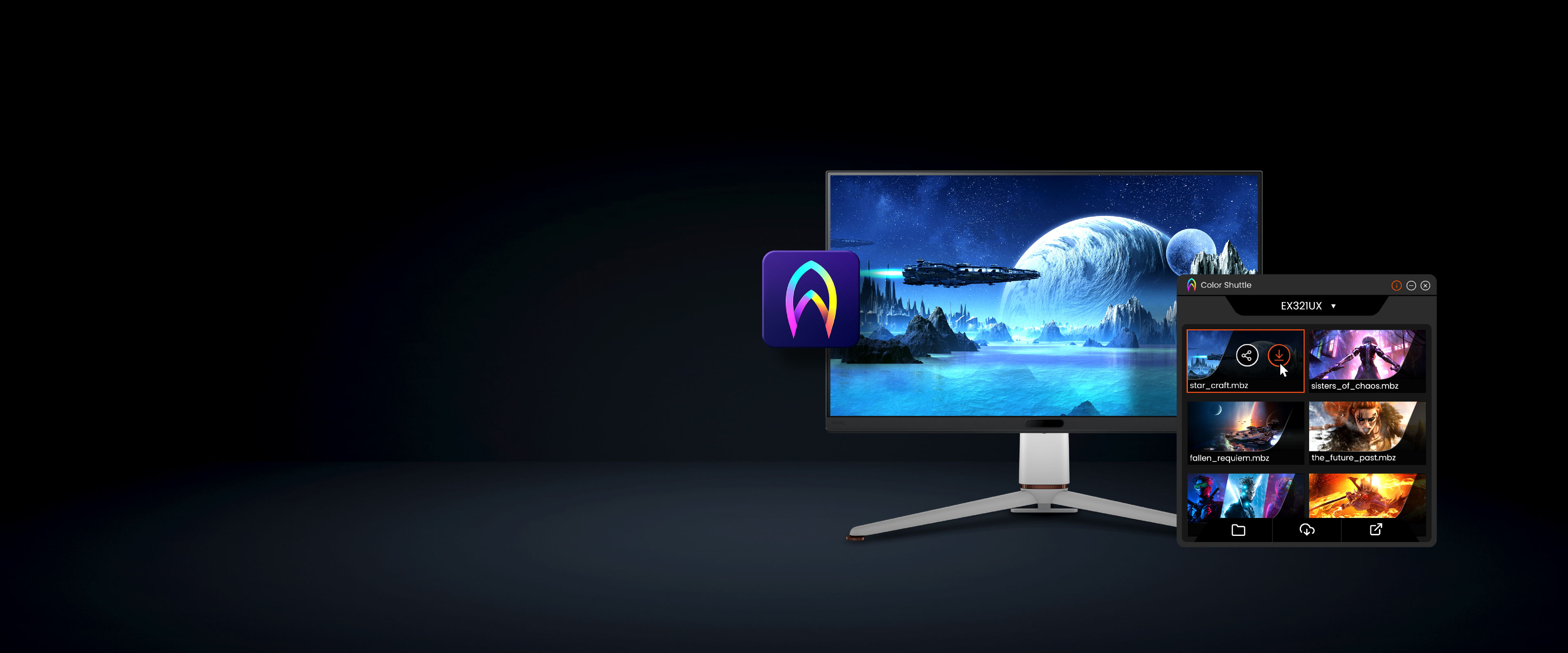 With BenQ MOBIUZ exclusive software, once you’ve found the right combination of settings for your favorite games, save them as presets. Then switch between presets as easily as you switch between games. Any of your saved presets can be uploaded to the cloud for later download to whichever new device supporting Color Shuttle.