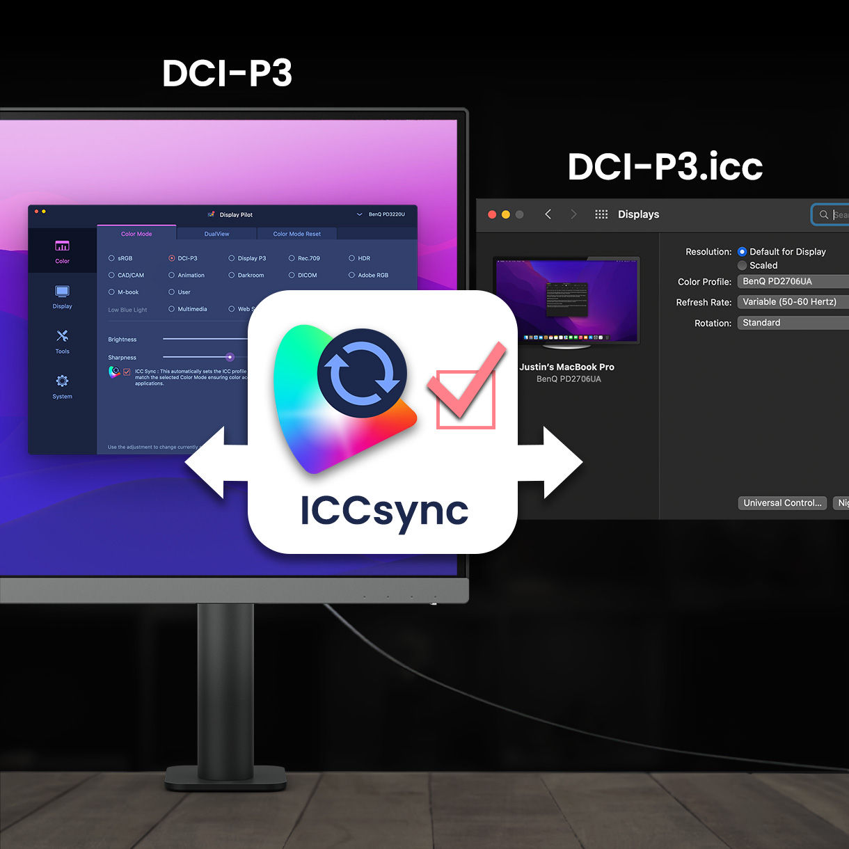 BenQ ICCsync not only directly installs pre-calibrated ICC profiles onto your Mac. Free from all exhausting settings, with BenQ Display Pilot, one step does all.