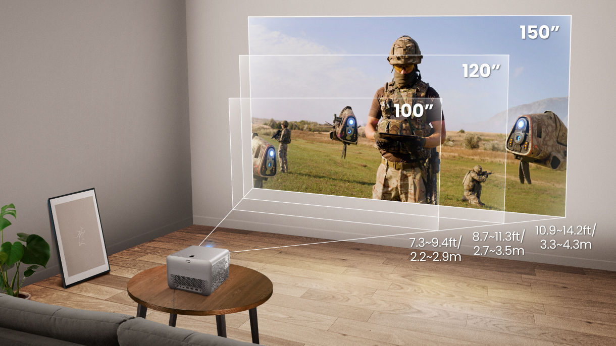 BenQ TK705i home entertainment projector showing 150" big screen projection at different distances with flexible setup options
