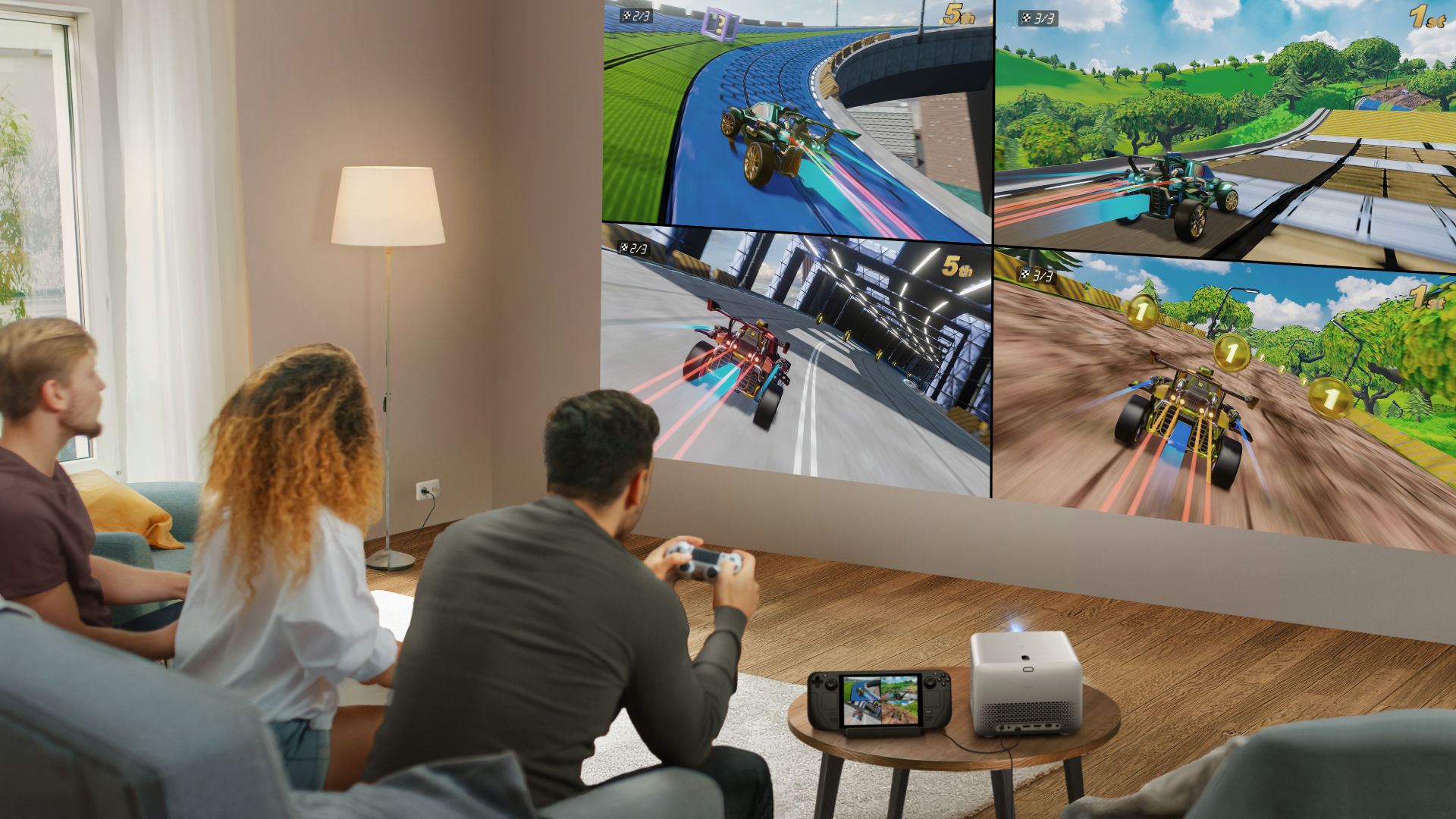 Group playing party game on BenQ TK705i home entertainment projector with massive 150-inch screen in living room