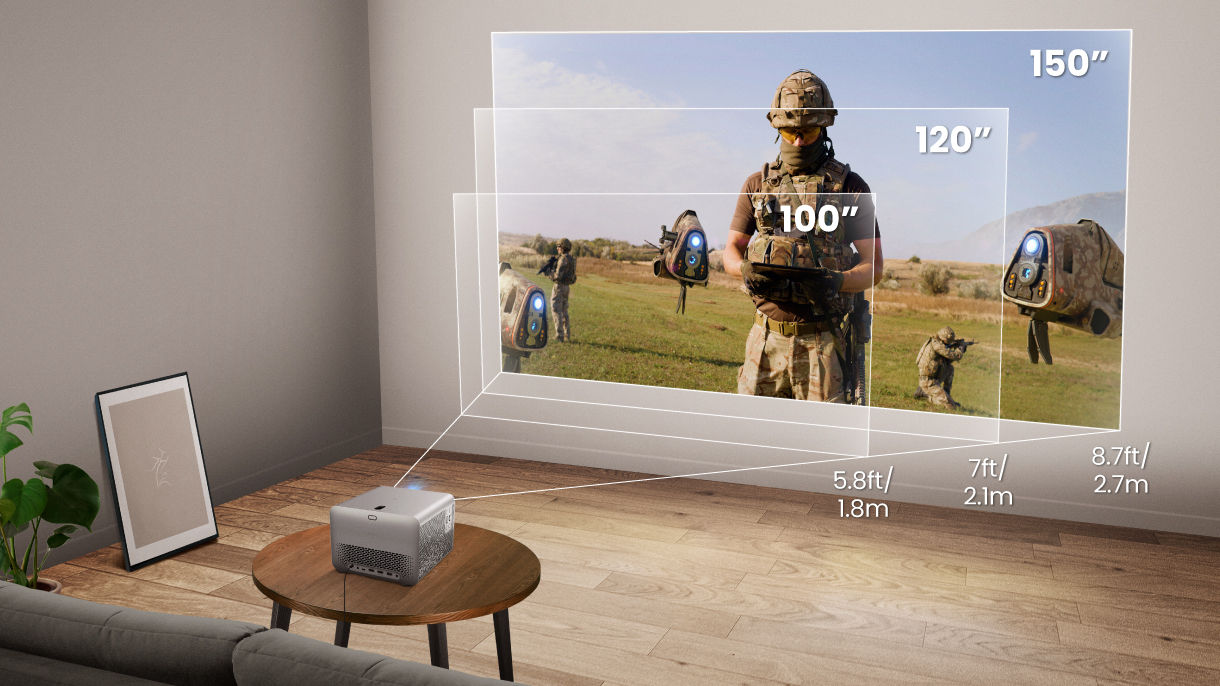 BenQ TK705i home entertainment projector showing 150" big screen projection at different distances with flexible setup options